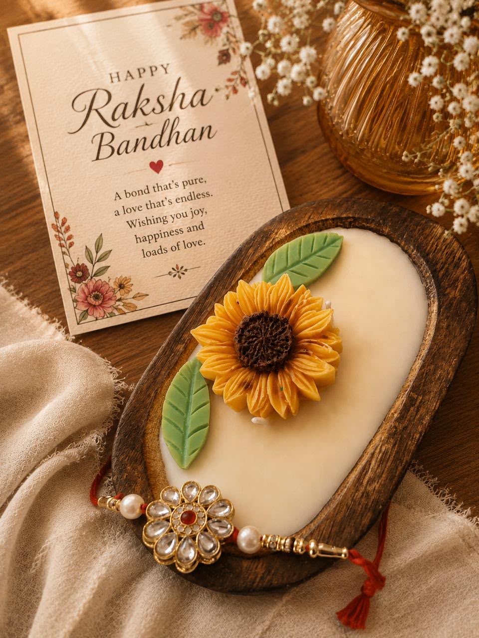 Sunflower Boat Candle with Rakhi and Raksha Bandhan Card 15x10 cm Boat Shape, Kundan Rakhi Included, Greeting Card Included, Sunflower Design, Festive Gift Set