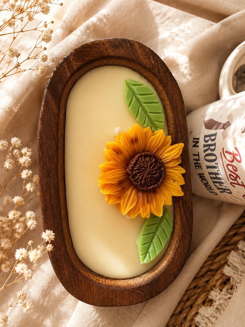 Sunflower Boat Candle with Rakhi and Raksha Bandhan Card 15x10 cm Boat Shape, Kundan Rakhi Included, Greeting Card Included, Sunflower Design, Festive Gift Set