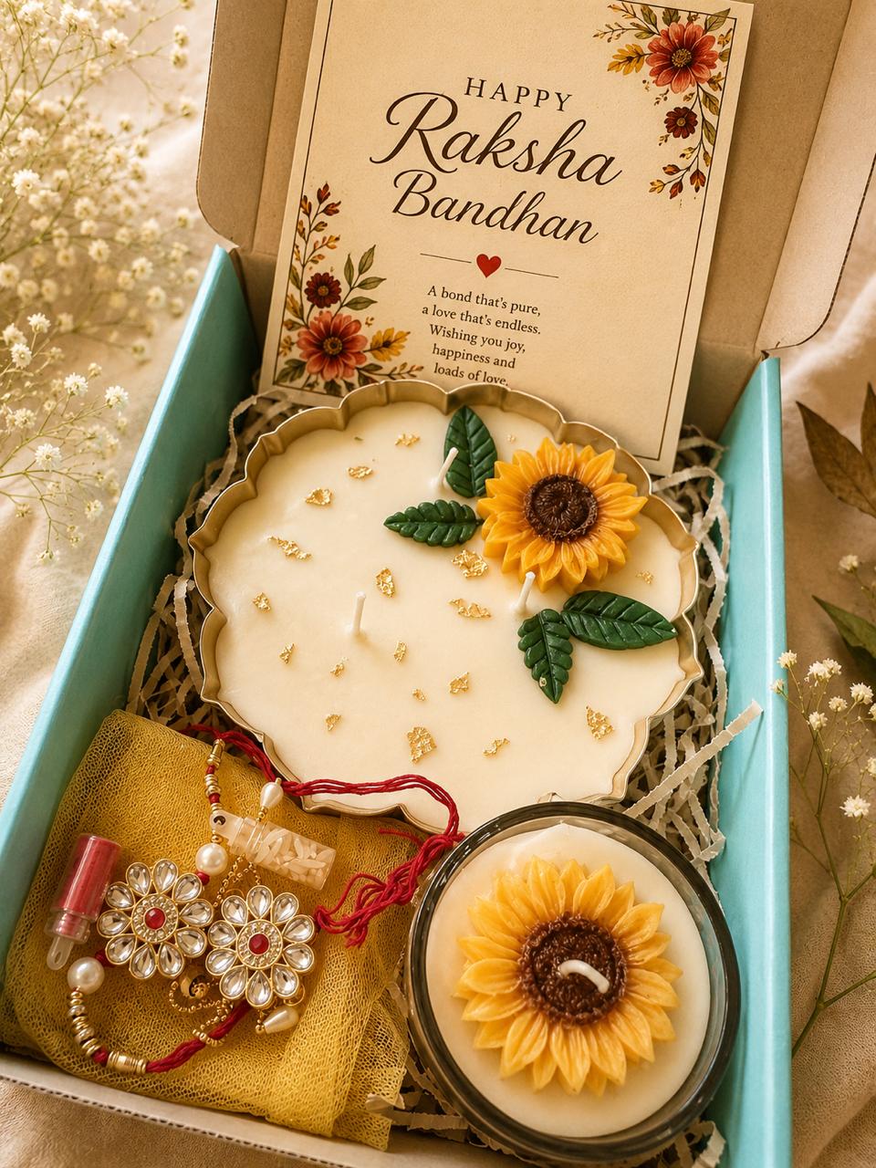 Raksha Bandhan Scented Candle Hamper with Bhaiya Bhabhi Rakhi 6.5 Inch Urli Candle, Sunflower Glass Jar, Roli Chawal Included, Sunflower Design, Festive Gift Hamper