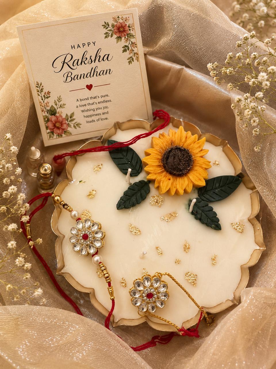 Raksha Bandhan Scented Candle Hamper with Bhaiya Bhabhi Rakhi 6.5 Inch Urli Candle, Sunflower Glass Jar, Roli Chawal Included, Sunflower Design, Festive Gift Hamper