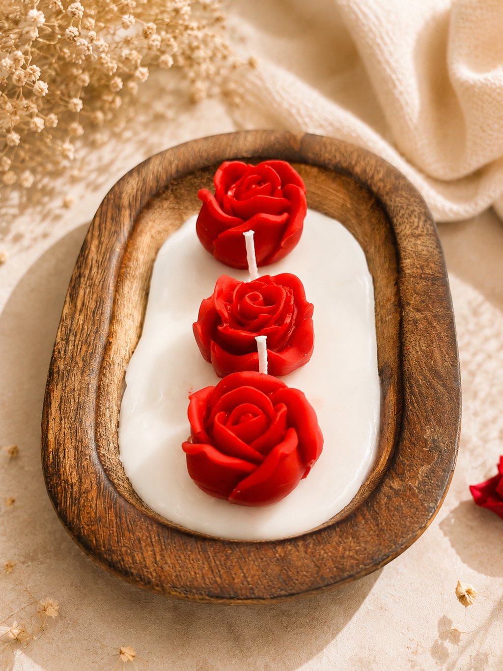 Handcrafted Rose Boat Candle | Wooden Bowl Decorative Candle | Luxury Home Décor & Gifting