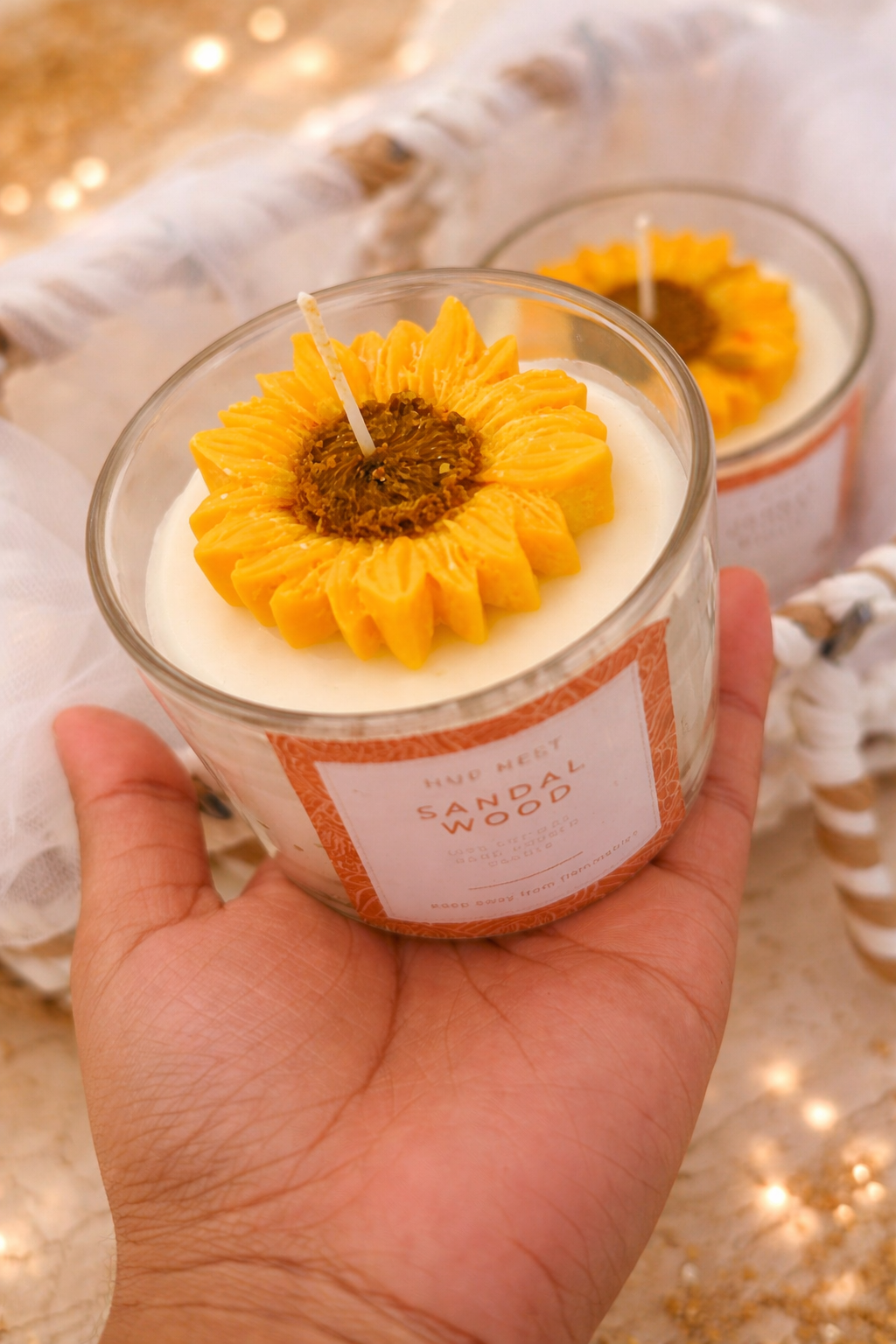 Raksha Bandhan Scented Candle Hamper with Bhaiya Bhabhi Rakhi 6.5 Inch Urli Candle, Sunflower Glass Jar, Roli Chawal Included, Sunflower Design, Festive Gift Hamper
