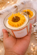 Raksha Bandhan Scented Candle Hamper with Bhaiya Bhabhi Rakhi 6.5 Inch Urli Candle, Sunflower Glass Jar, Roli Chawal Included, Sunflower Design, Festive Gift Hamper